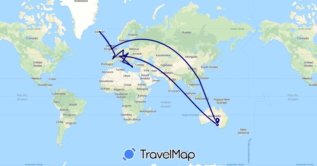 TravelMap itinerary: driving in Austria, Australia, Switzerland, China, Germany, France, United Kingdom, Greece, Iceland, Italy, Poland (Asia, Europe, Oceania)